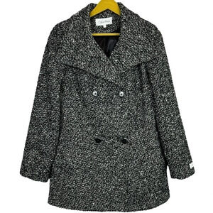 Calvin Klein Wool Blend Pea Coat Jacket Small White Black Doble Breasted Tweed